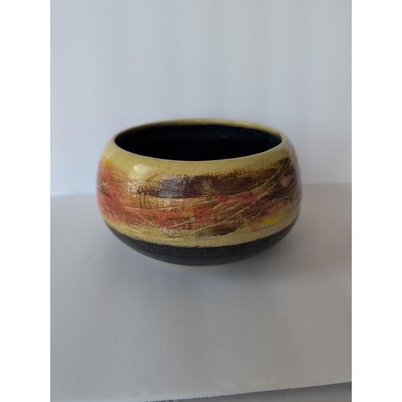 Studio Art Pottery Planter Stoneware Glazed Round Brown Orange Blue Signed - Picture 1 of 7